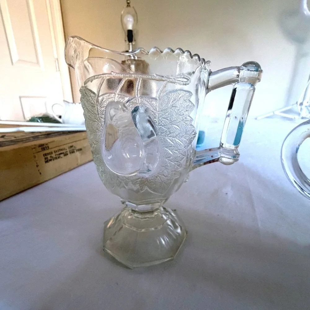 Vintage Glass Set Etched Floral Embossed Piece‎ Pear Footed Pitcher 3pc Clear